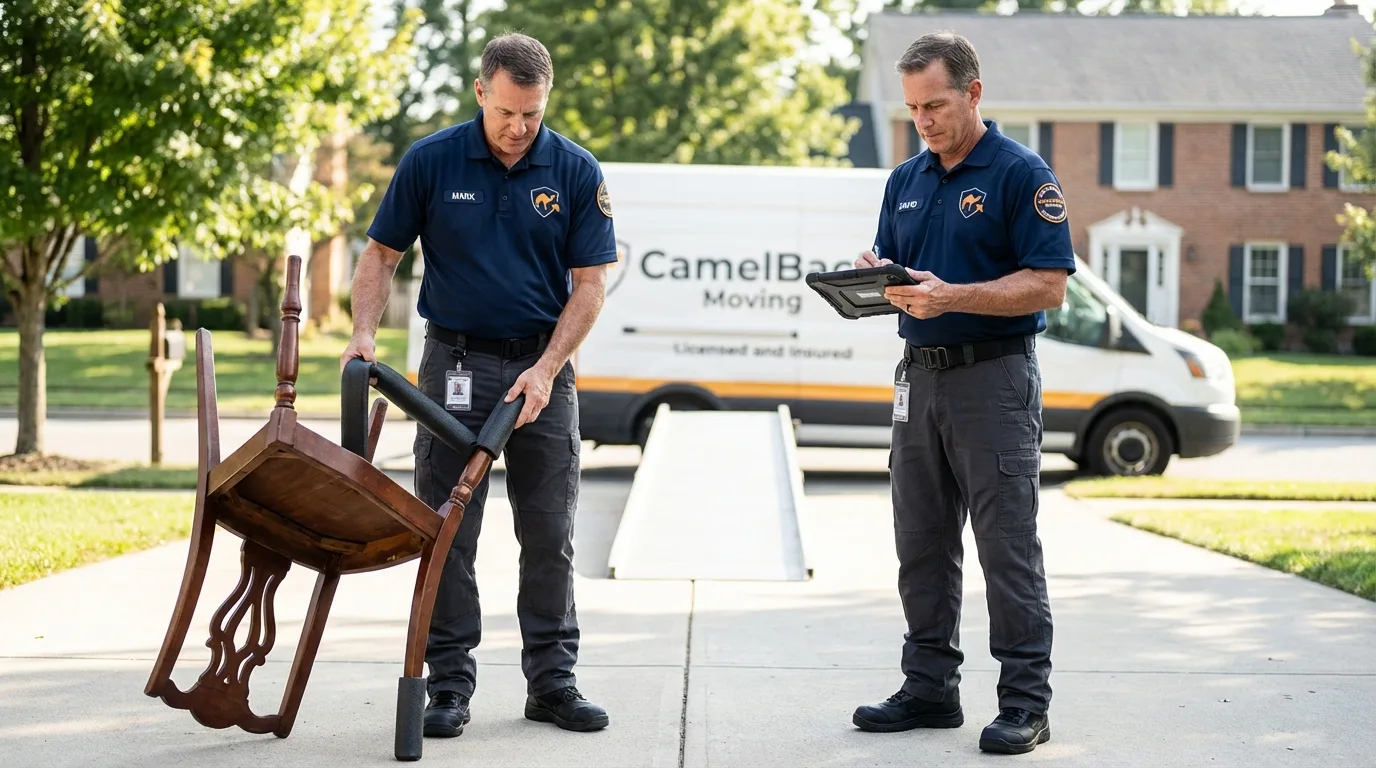 Movers inspecting furniture for damage prevention before loading in Dublin, GA